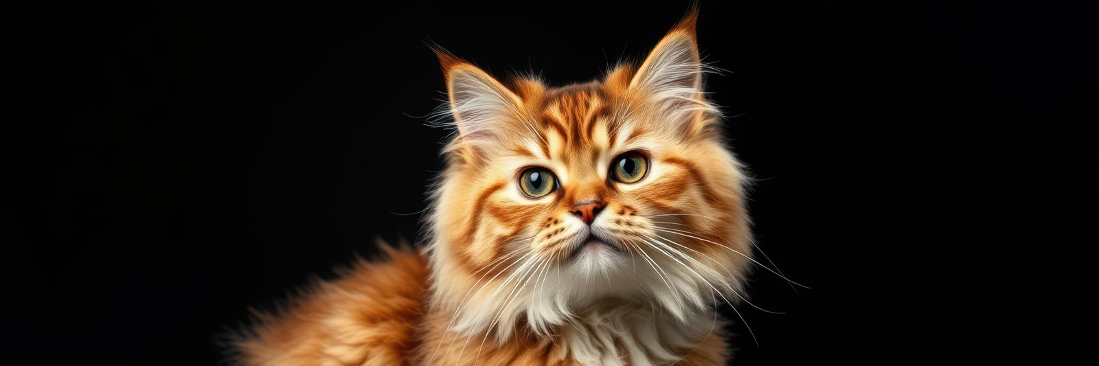 Maine coon cat with striking fur pattern poses against black background, capturing attention with expressive eyes